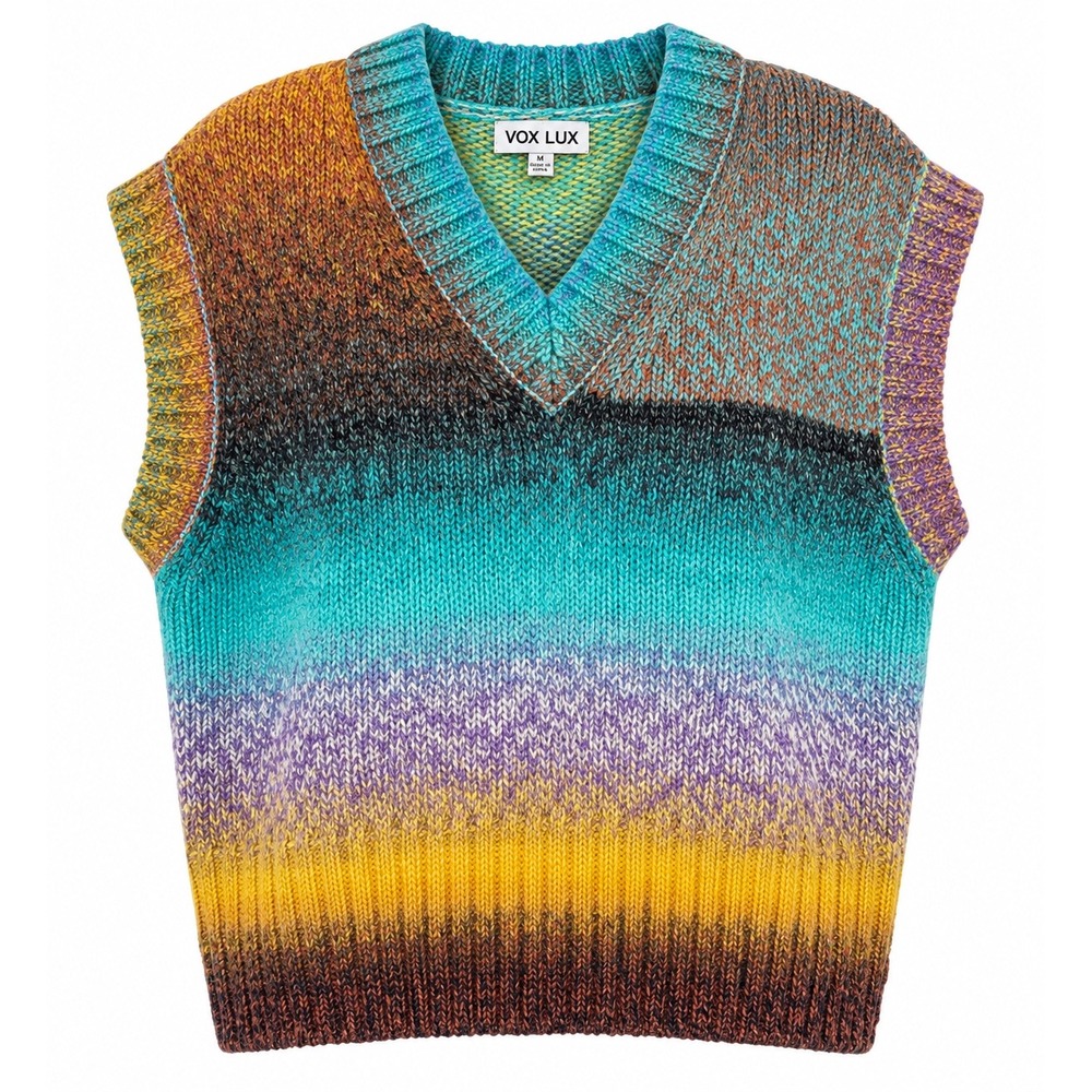 VOX LUX Multi Rainbow Space Dye Sweater Vest Teal Ombre V-Neck Knit Wool Blend M